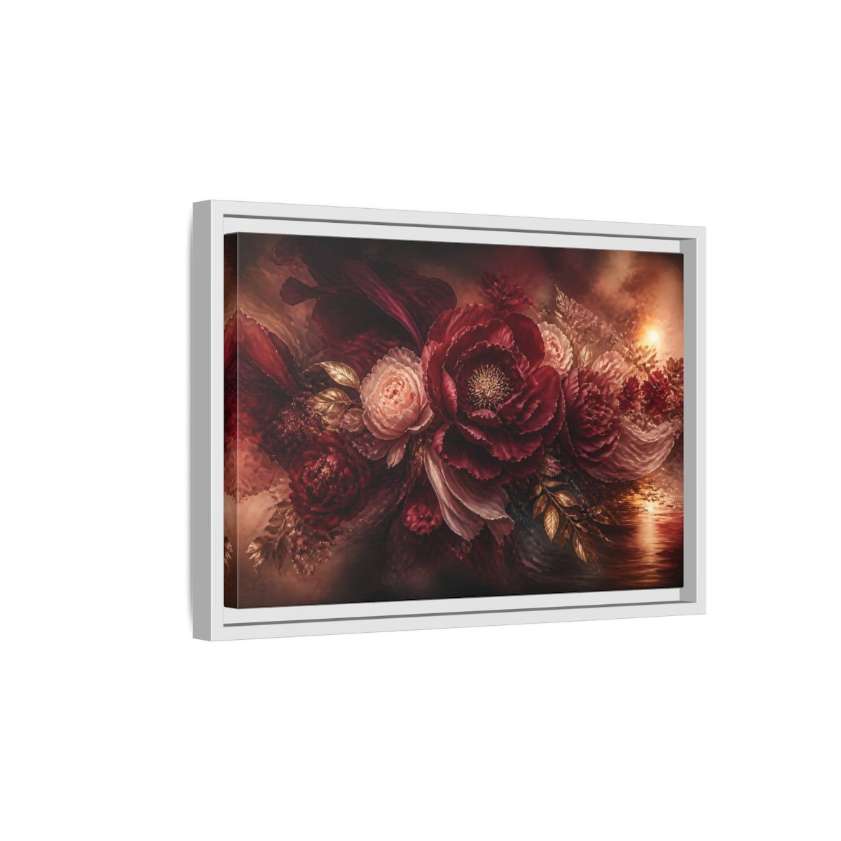 Side Mockup 4. Deep Burgundy Peony Bloom shown as framed canvas print