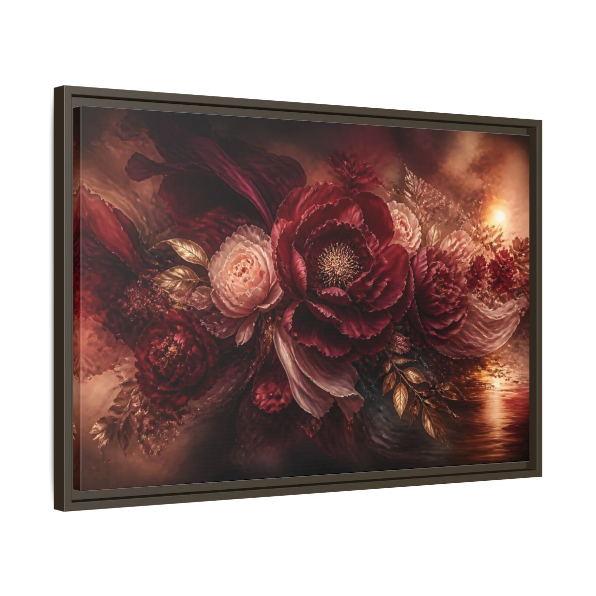 Side Mockup 11. Deep Burgundy Peony Bloom shown as framed canvas print