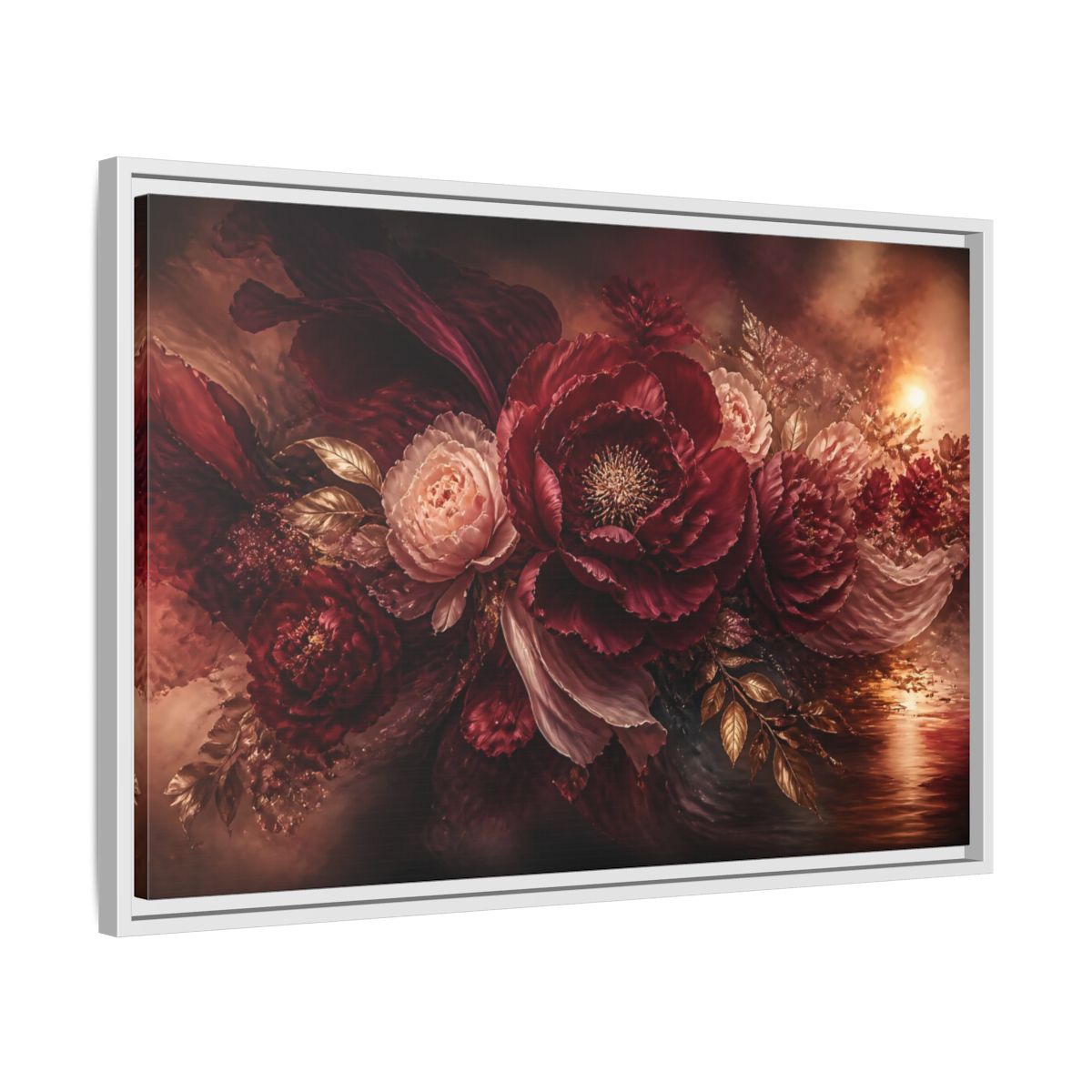 Side Mockup 10. Deep Burgundy Peony Bloom shown as framed canvas print