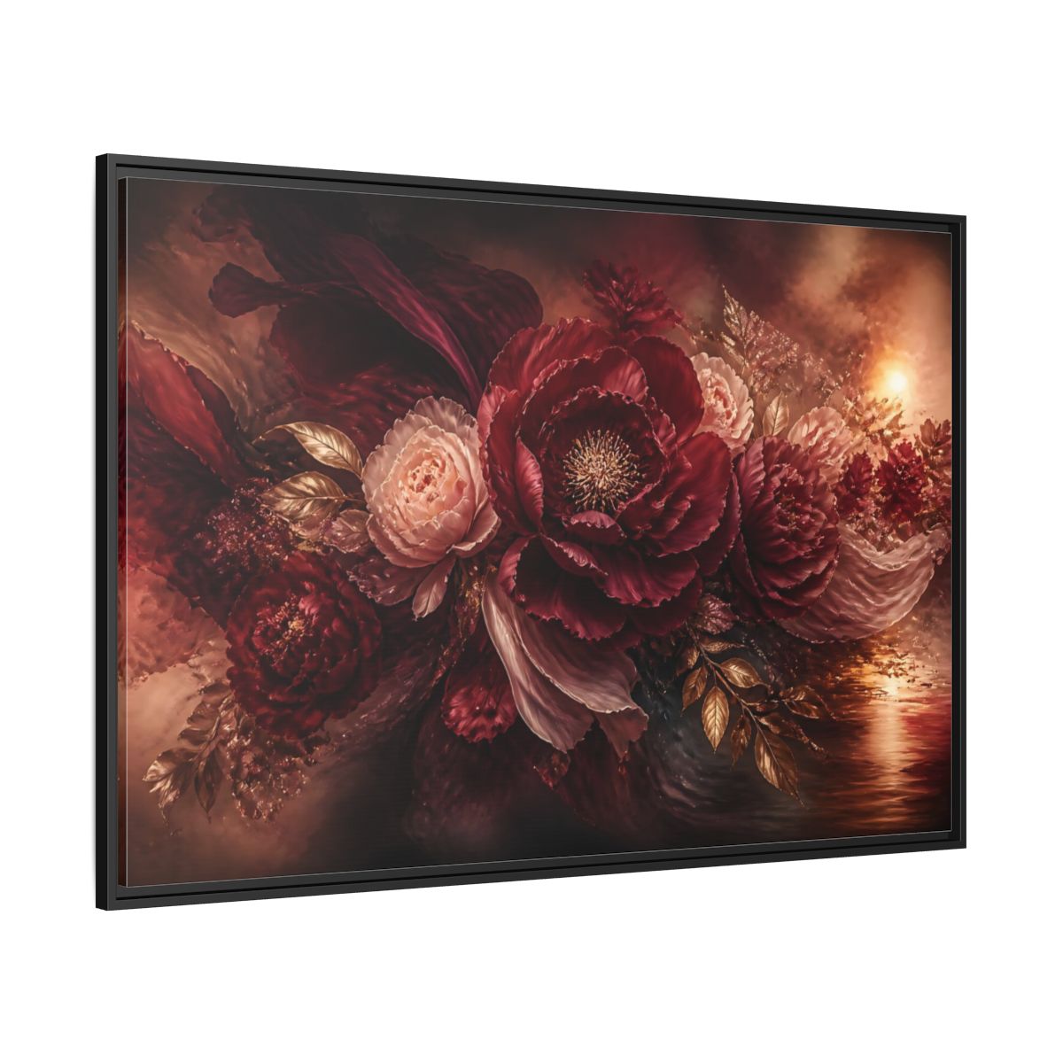 Side Mockup 12. Deep Burgundy Peony Bloom shown as framed canvas print