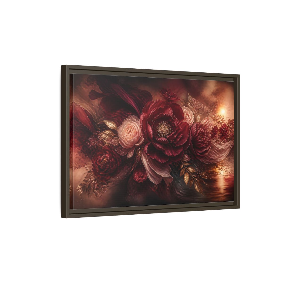 Side Mockup 2. Deep Burgundy Peony Bloom shown as framed canvas print