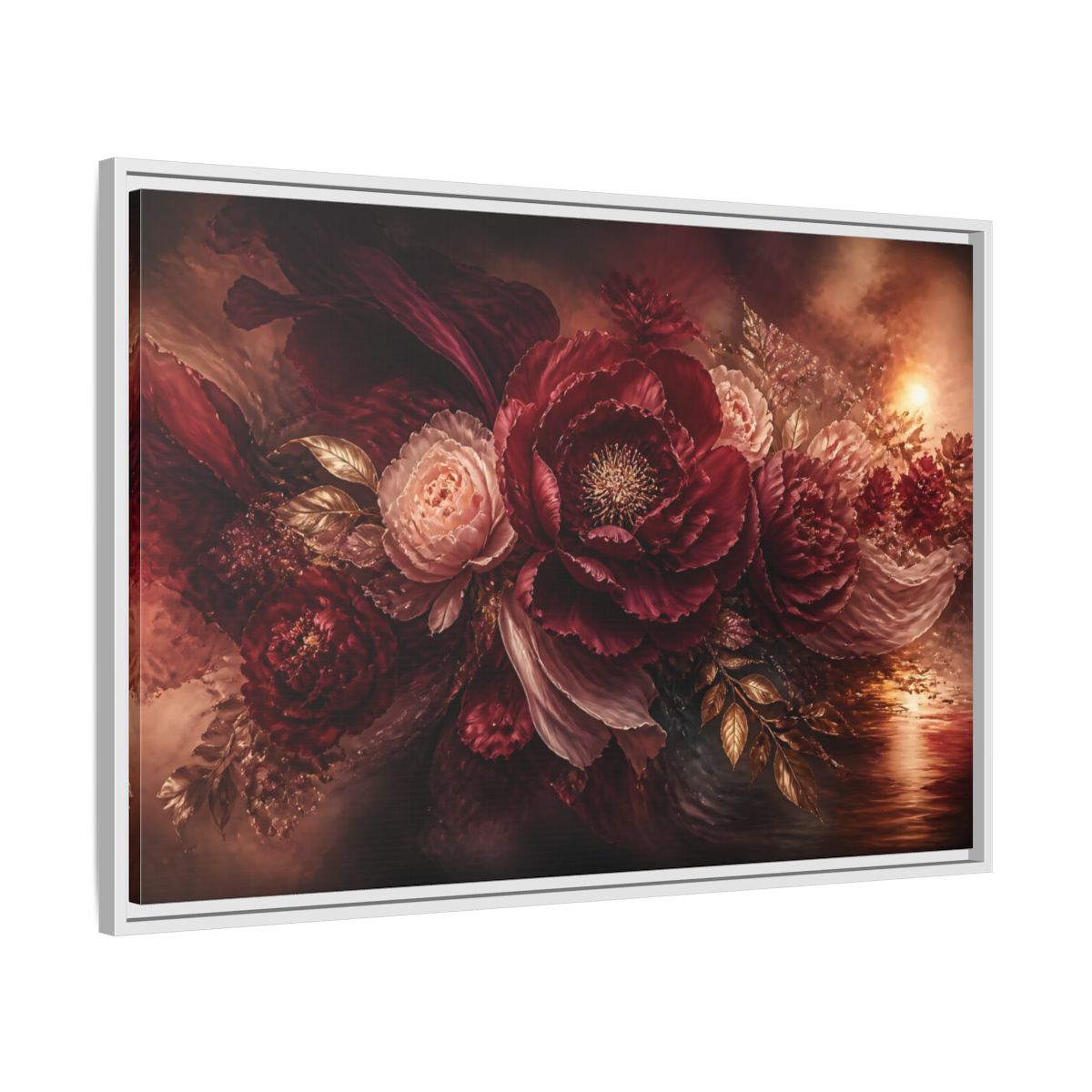 Side Mockup 9. Deep Burgundy Peony Bloom shown as framed canvas print