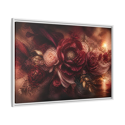 Side Mockup 9. Deep Burgundy Peony Bloom shown as framed canvas print