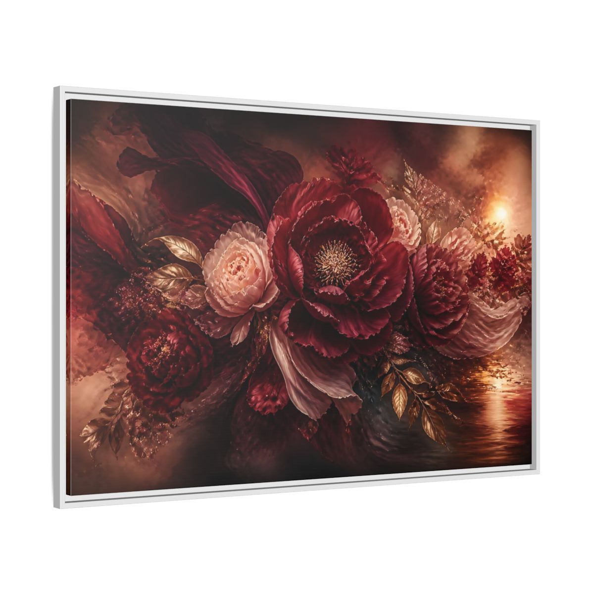 Side Mockup 7. Deep Burgundy Peony Bloom shown as framed canvas print