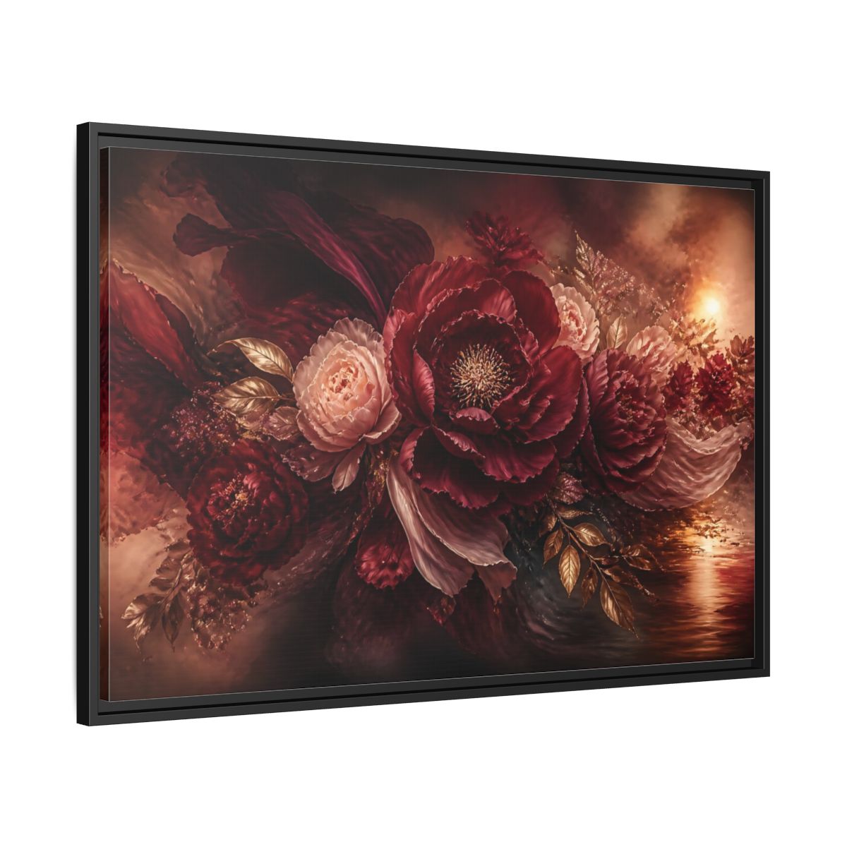 Side Mockup 13. Deep Burgundy Peony Bloom shown as framed canvas print