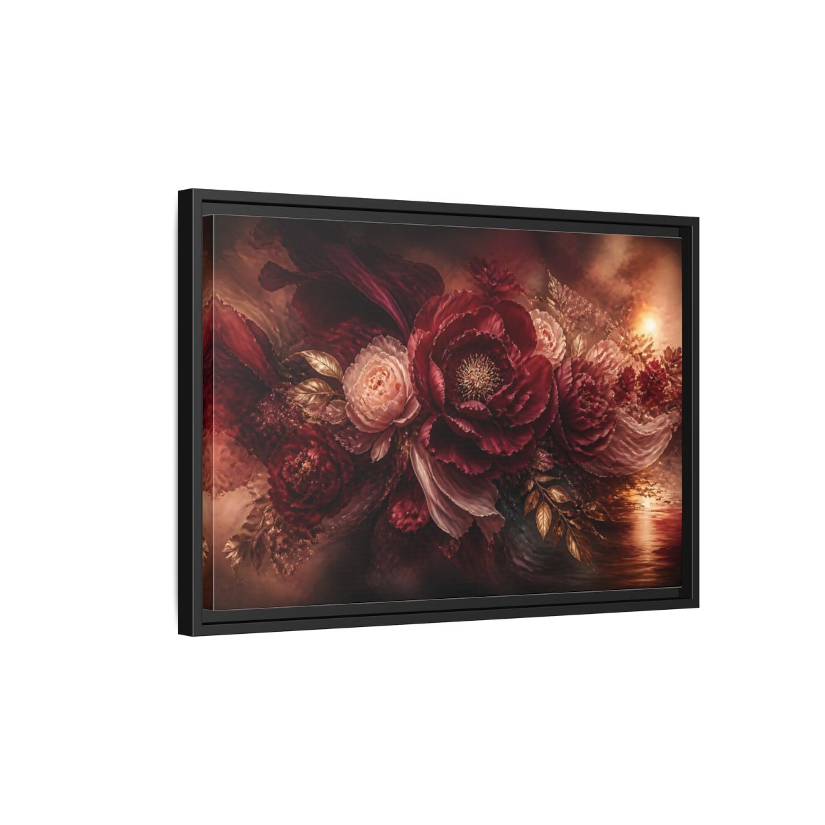 Side Mockup 3. Deep Burgundy Peony Bloom shown as framed canvas print