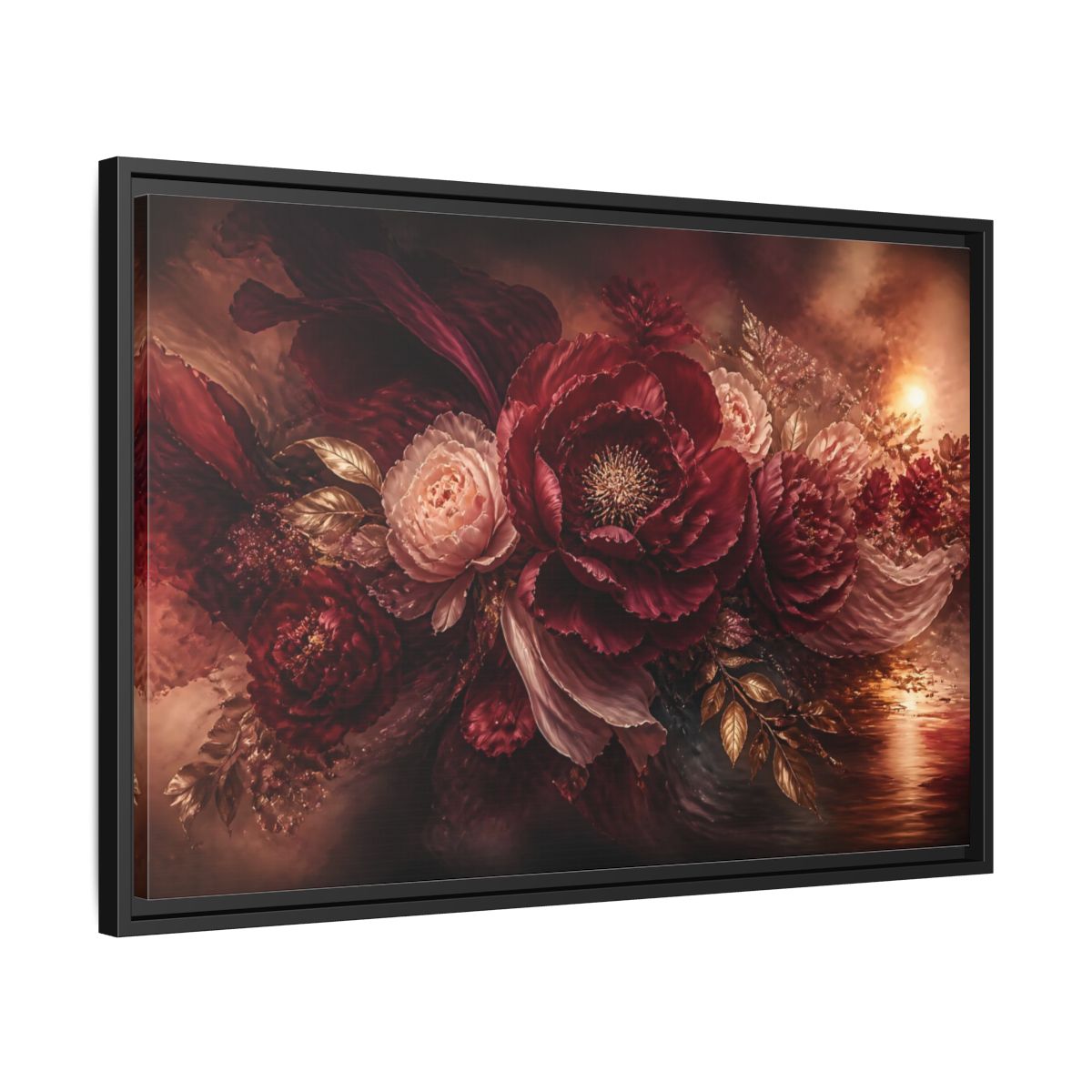 Side Mockup 14. Deep Burgundy Peony Bloom shown as framed canvas print