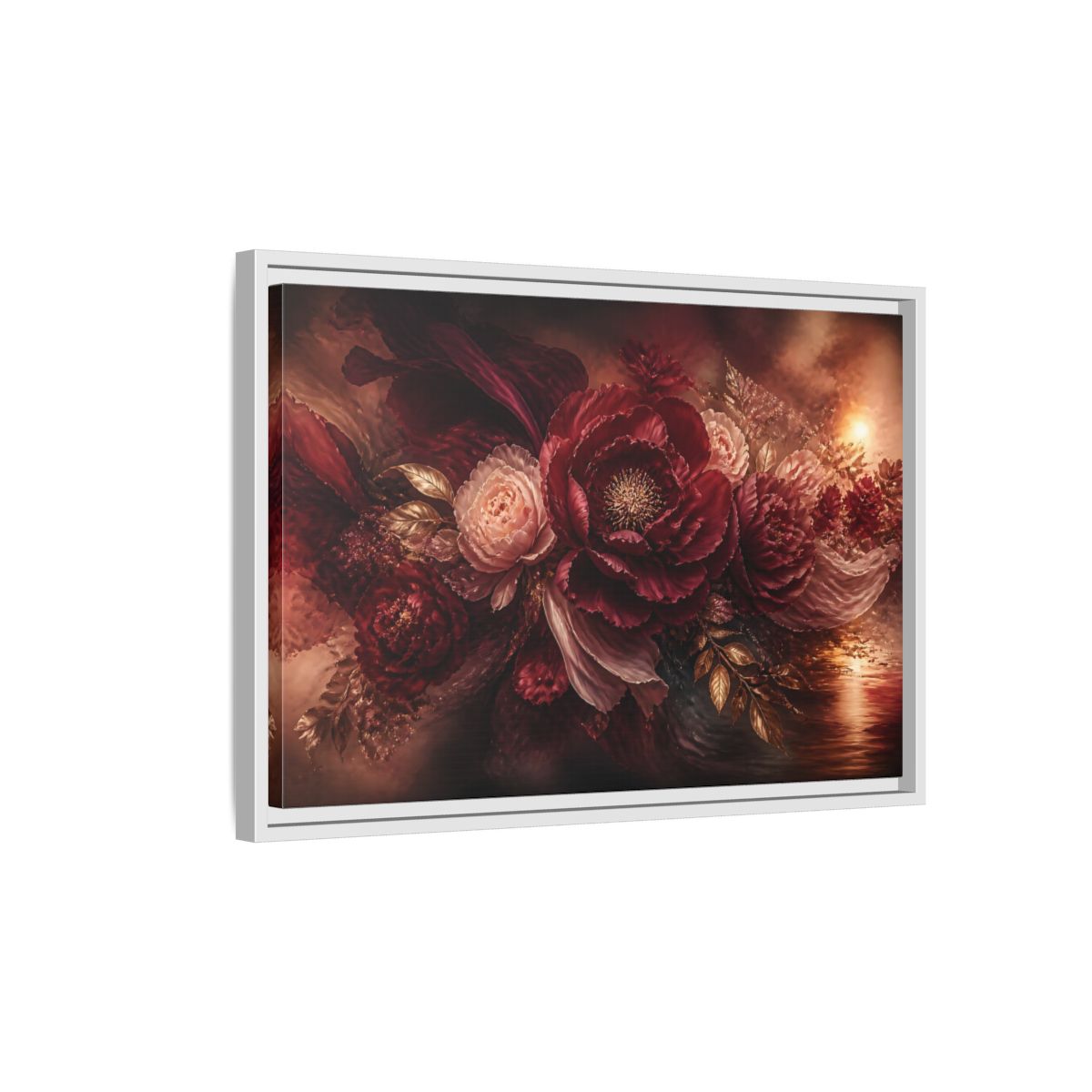 Side Mockup 1. Deep Burgundy Peony Bloom shown as framed canvas print