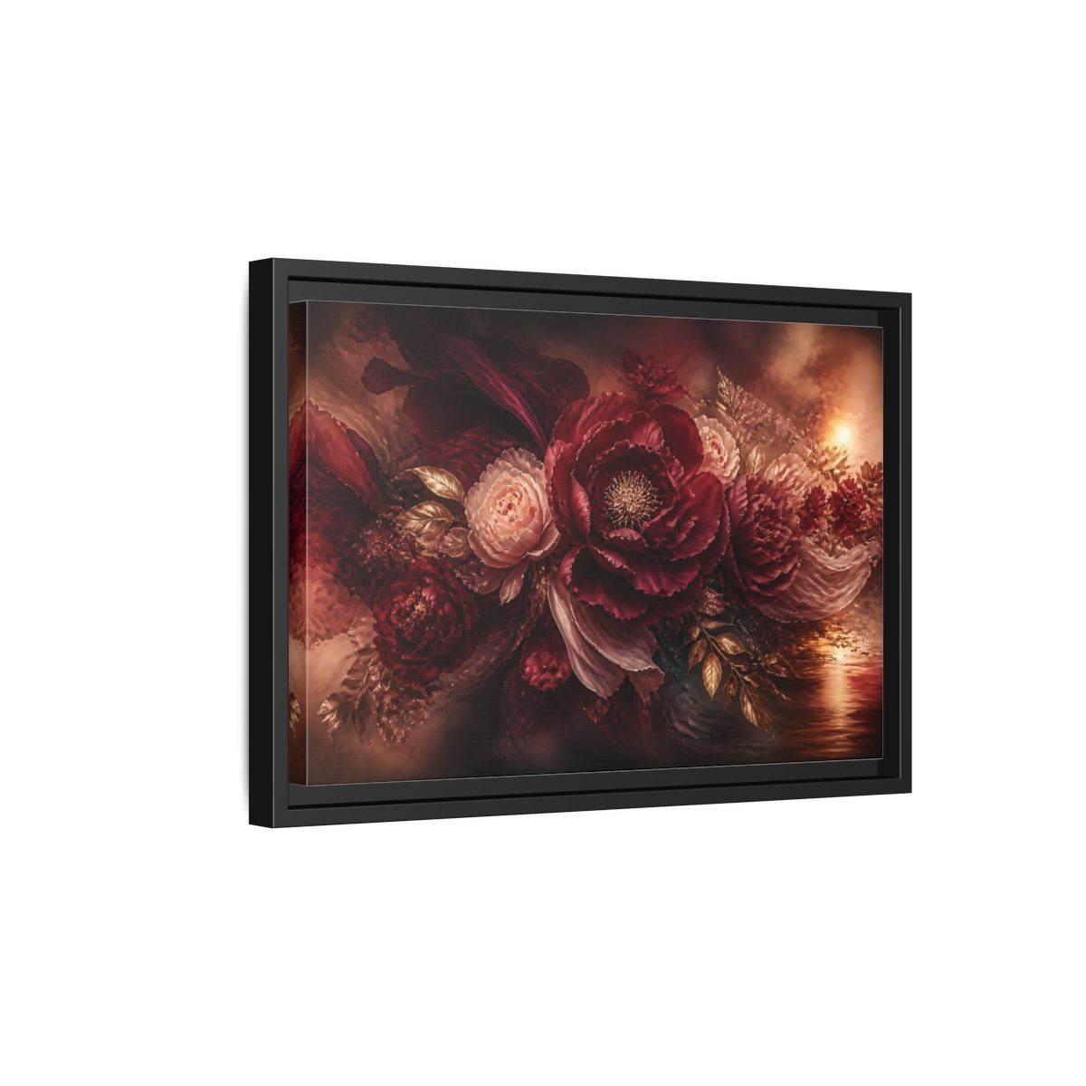Side Mockup 6. Deep Burgundy Peony Bloom shown as framed canvas print