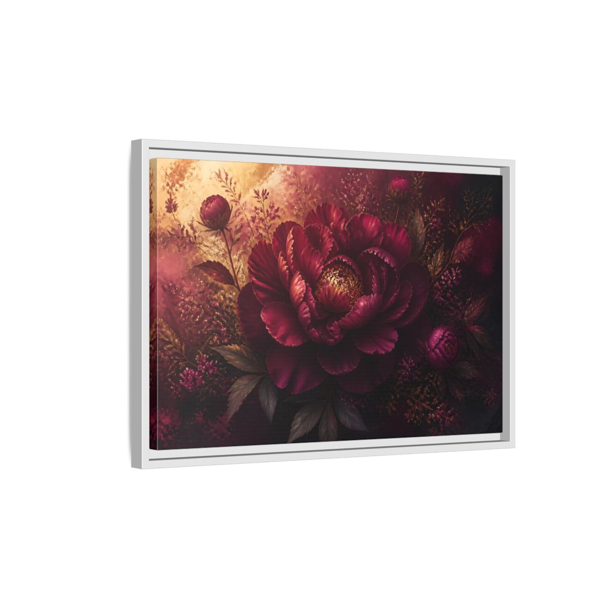 Side Mockup 1. Deep Burgundy Peony Bloom shown as framed canvas print