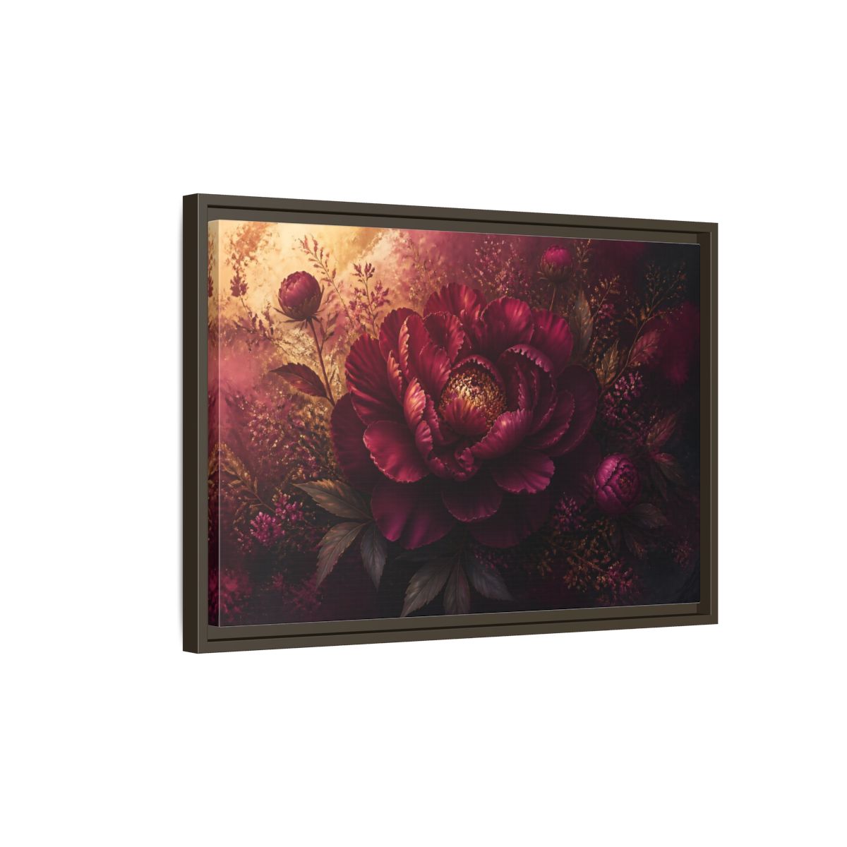 Side Mockup 2. Deep Burgundy Peony Bloom shown as framed canvas print