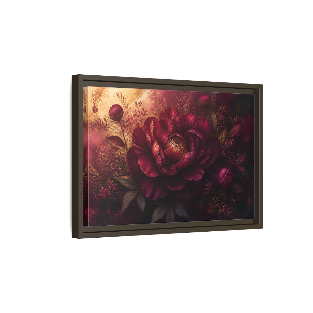 Side Mockup 5. Deep Burgundy Peony Bloom shown as framed canvas print