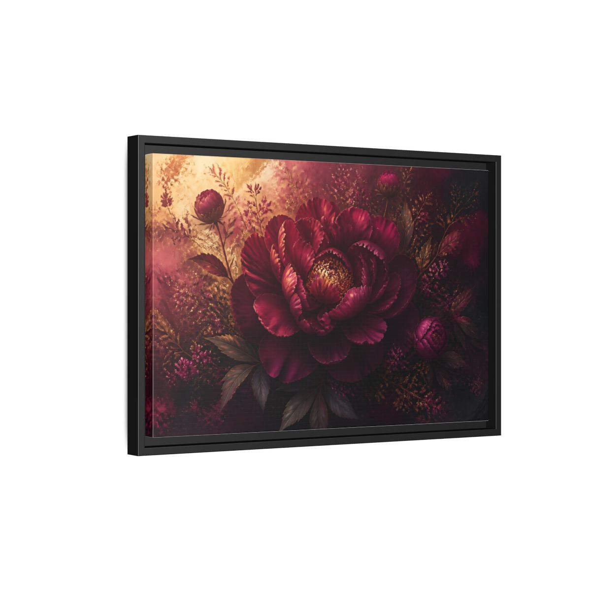 Side Mockup 3. Deep Burgundy Peony Bloom shown as framed canvas print