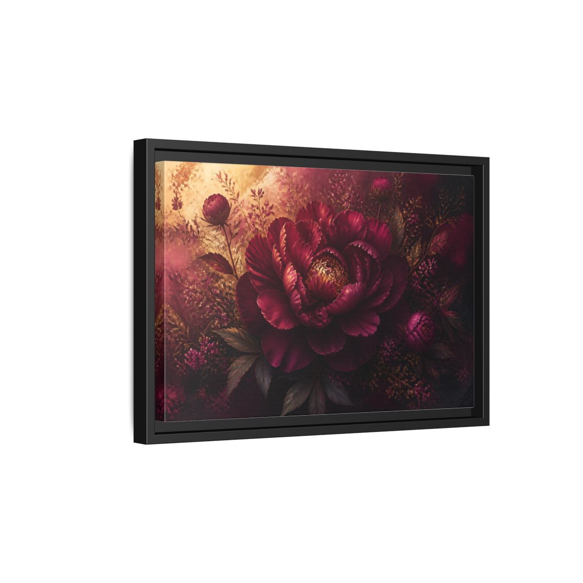 Side Mockup 6. Deep Burgundy Peony Bloom shown as framed canvas print