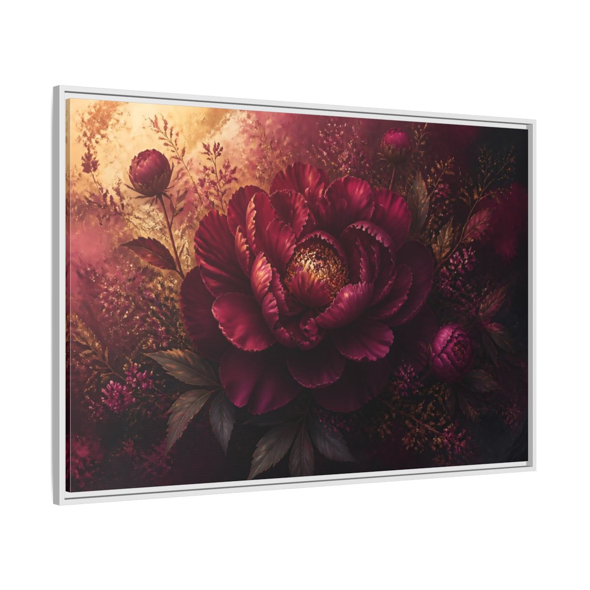 Side Mockup 7. Deep Burgundy Peony Bloom shown as framed canvas print