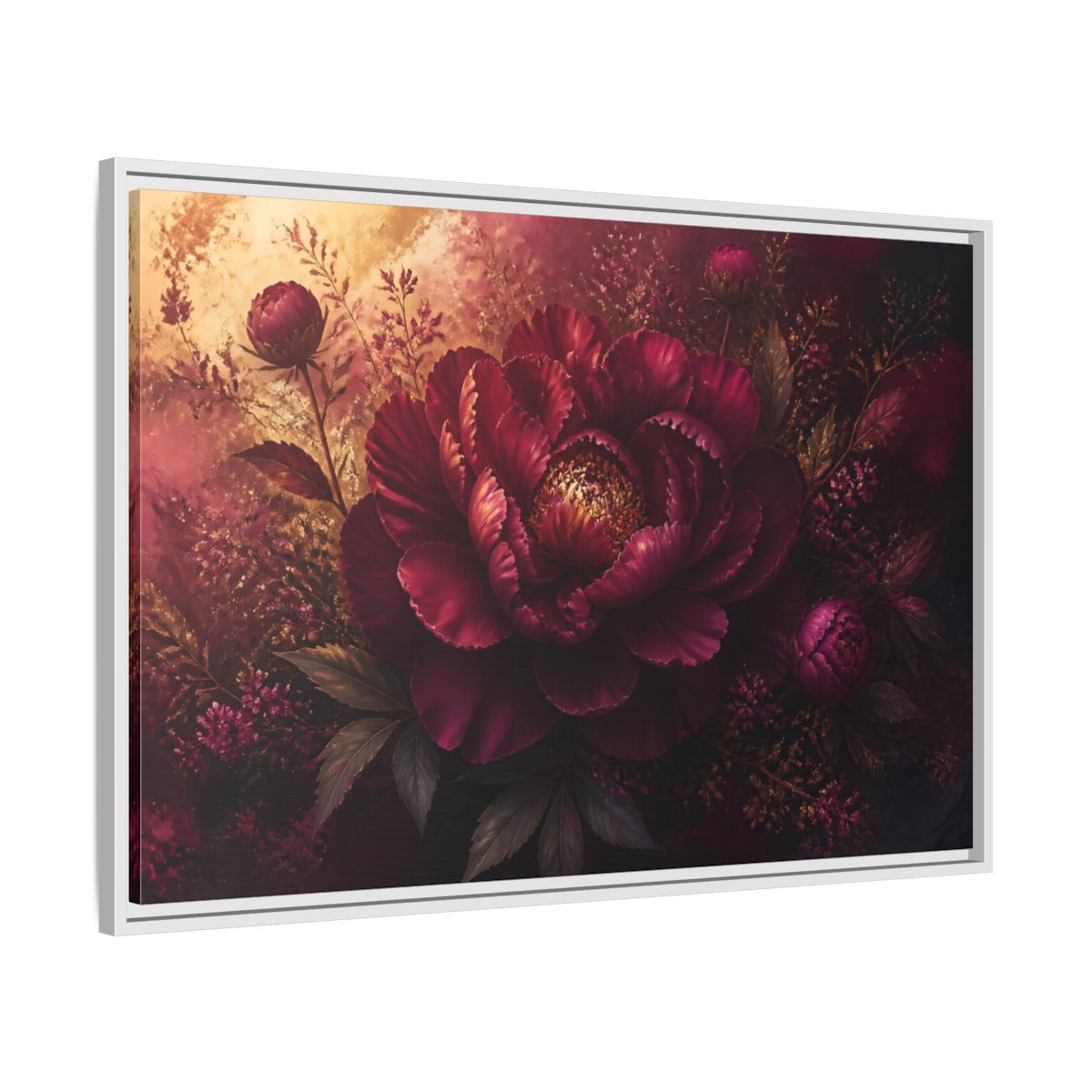 Side Mockup 9. Deep Burgundy Peony Bloom shown as framed canvas print