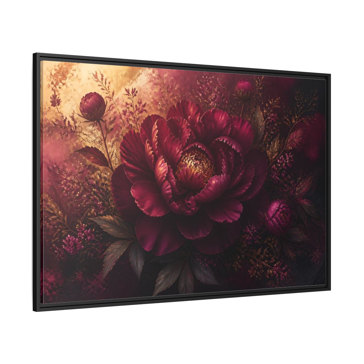 Side Mockup 12. Deep Burgundy Peony Bloom shown as framed canvas print