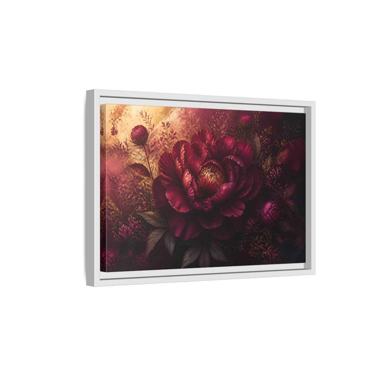 Side Mockup 4. Deep Burgundy Peony Bloom shown as framed canvas print