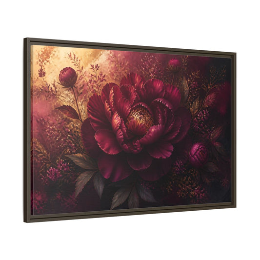 Main Mockup. Deep Burgundy Peony Bloom shown as framed canvas print