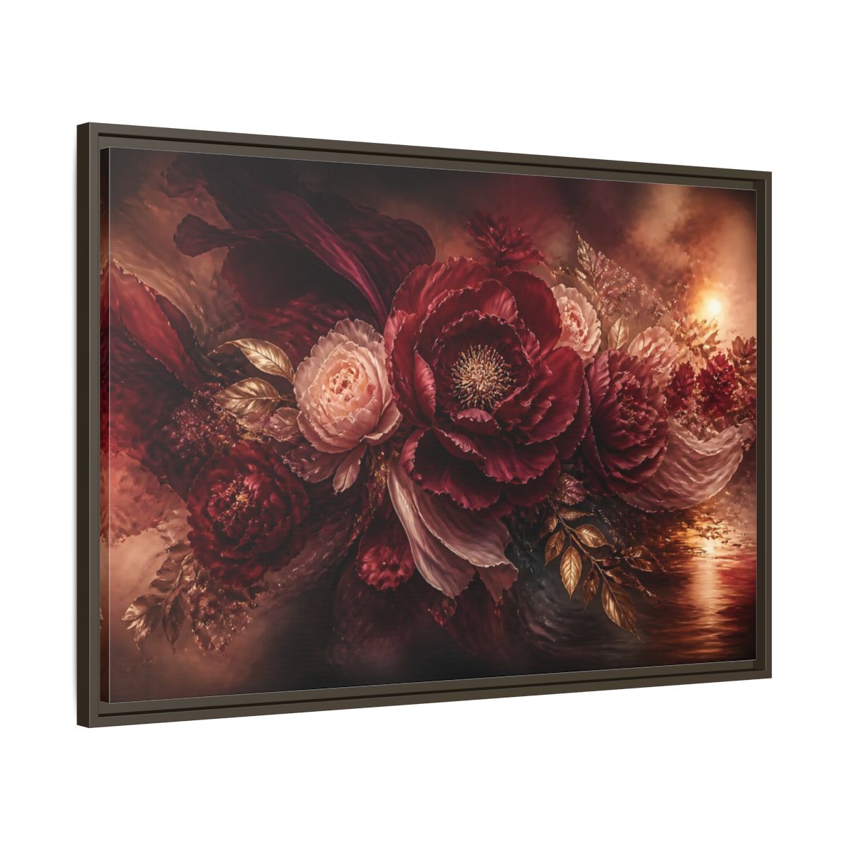 Main Mockup. Deep Burgundy Peony Bloom shown as framed canvas print