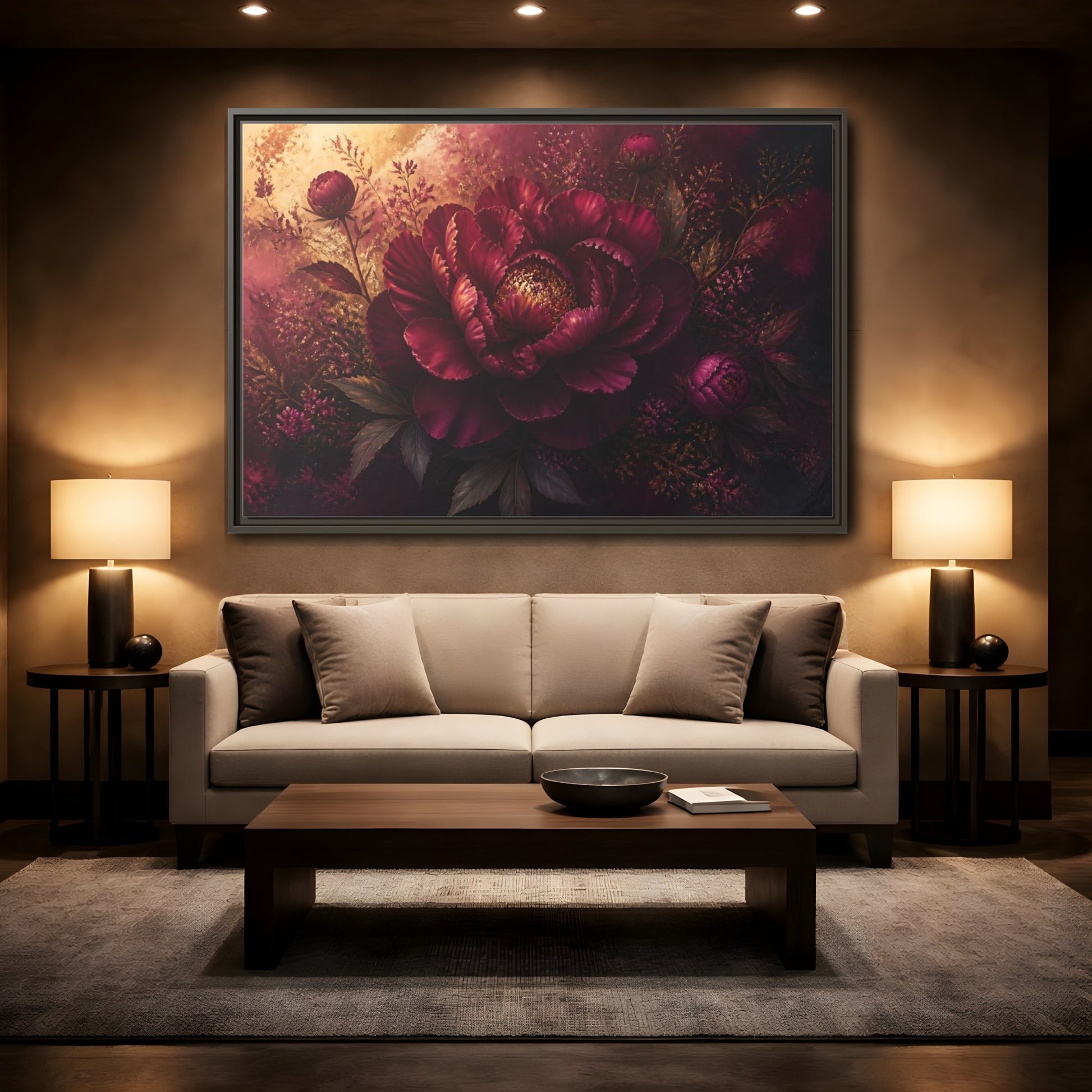 Mockup 2. Deep Burgundy Peony Bloom shown as framed canvas print