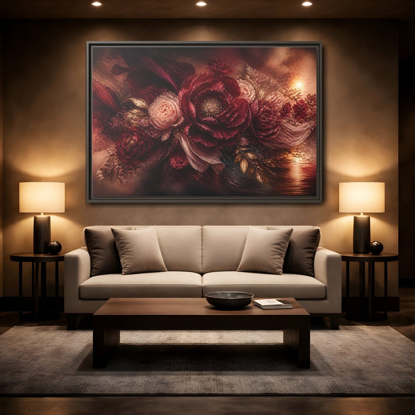 Mockup 2. Deep Burgundy Peony Bloom shown as framed canvas print