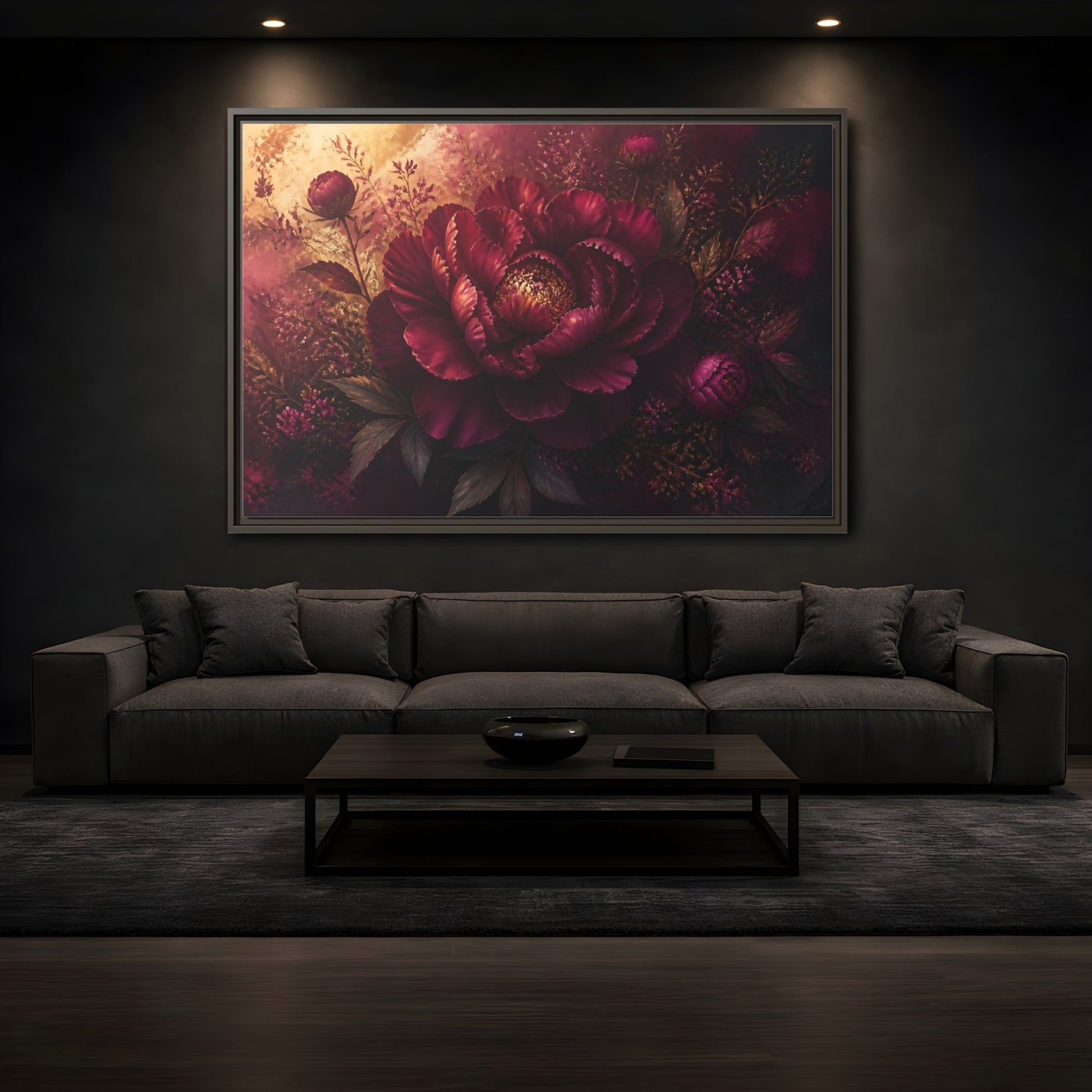 Mockup 3. Deep Burgundy Peony Bloom shown as framed canvas print