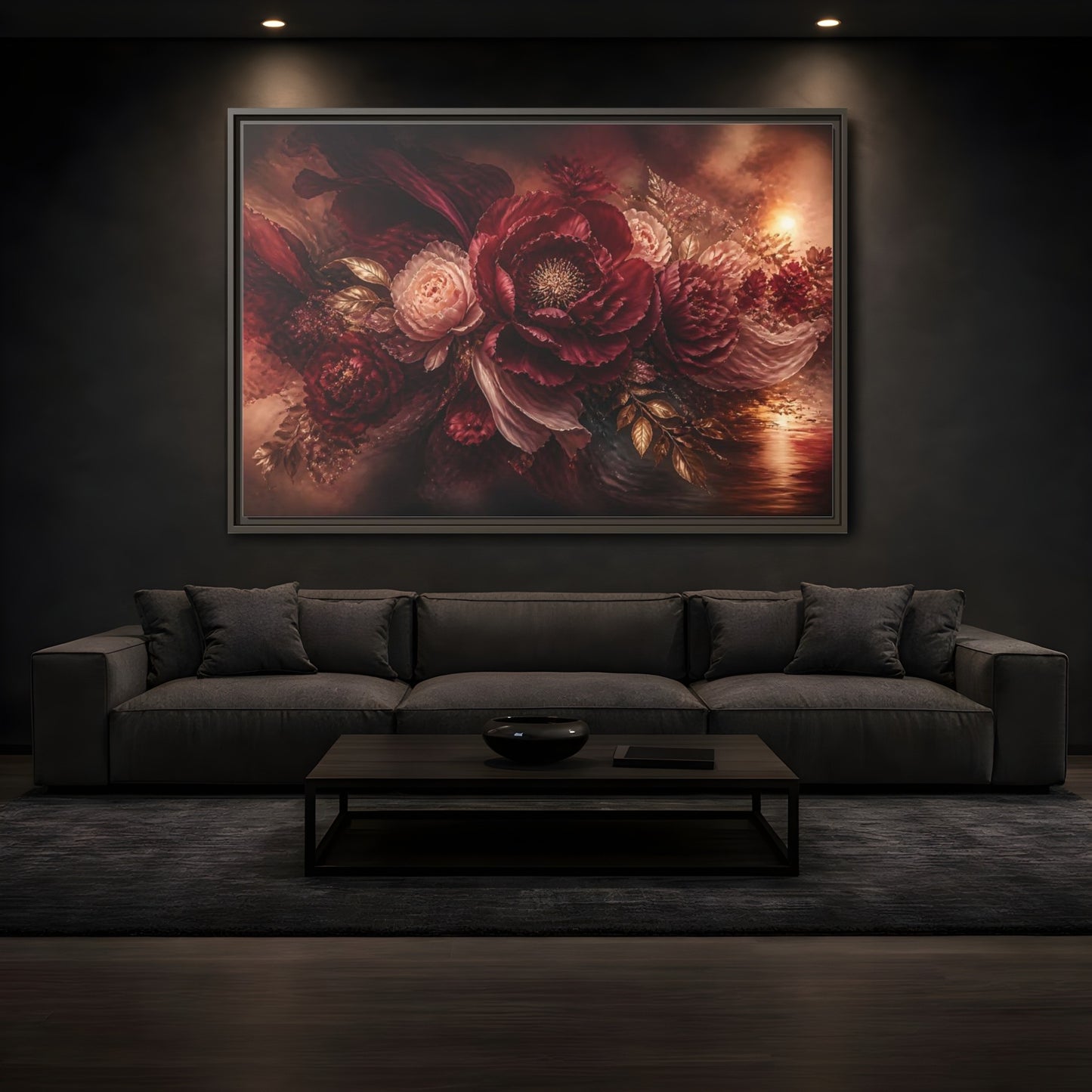 Mockup 3. Deep Burgundy Peony Bloom shown as framed canvas print