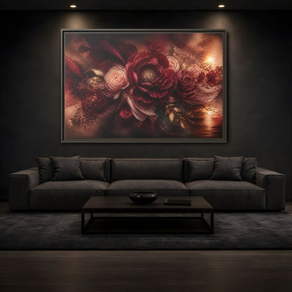 Mockup 3. Deep Burgundy Peony Bloom shown as framed canvas print