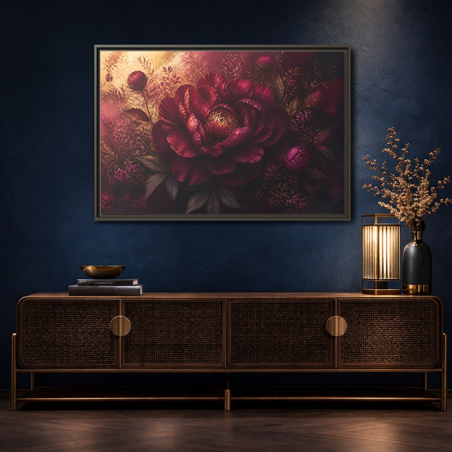 Mockup 4. Deep Burgundy Peony Bloom shown as framed canvas print