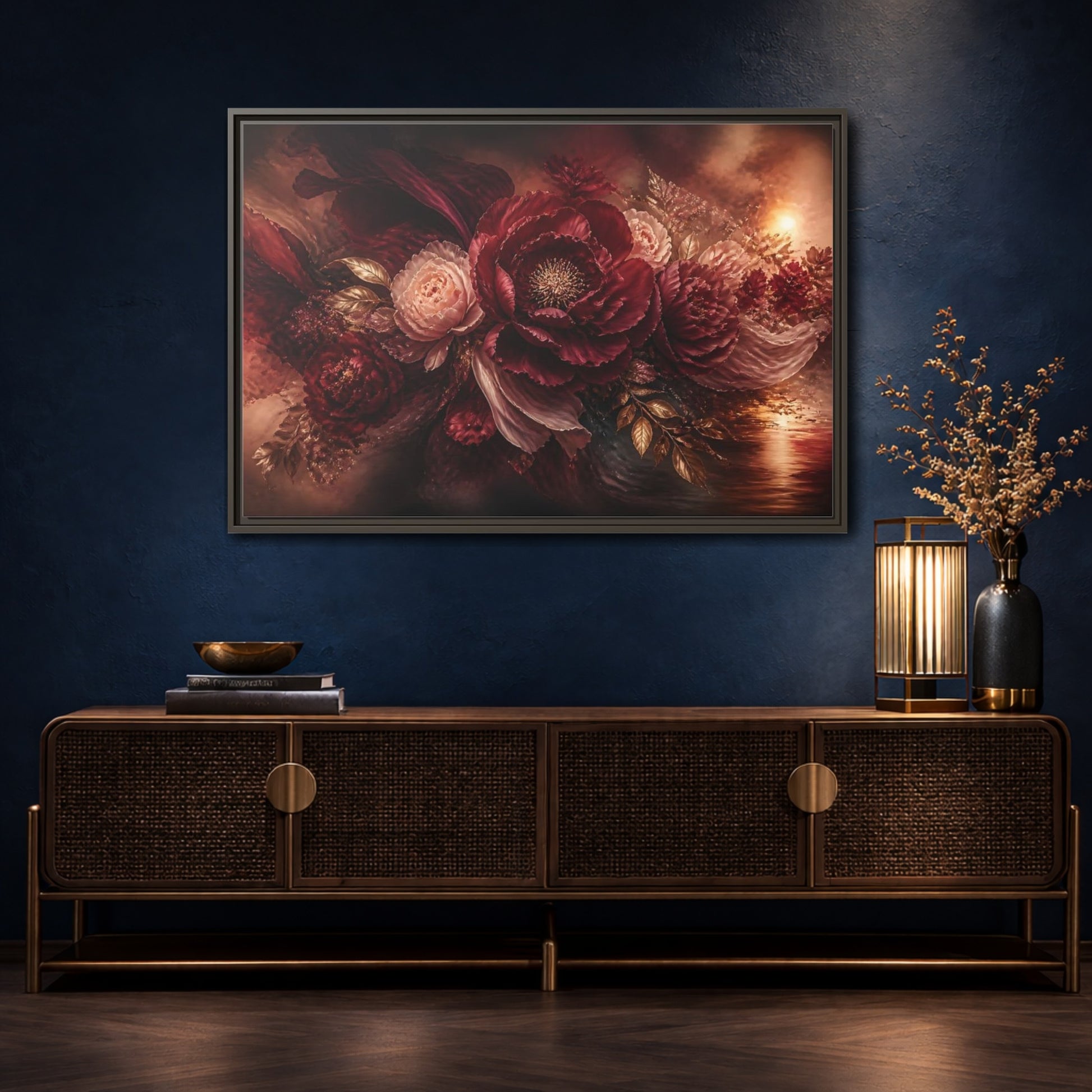 Mockup 4. Deep Burgundy Peony Bloom shown as framed canvas print