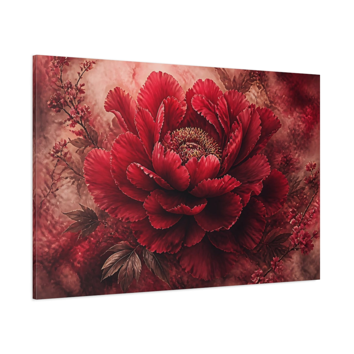 Side Mockup 1. Deep Crimson Bloom shown as canvas print