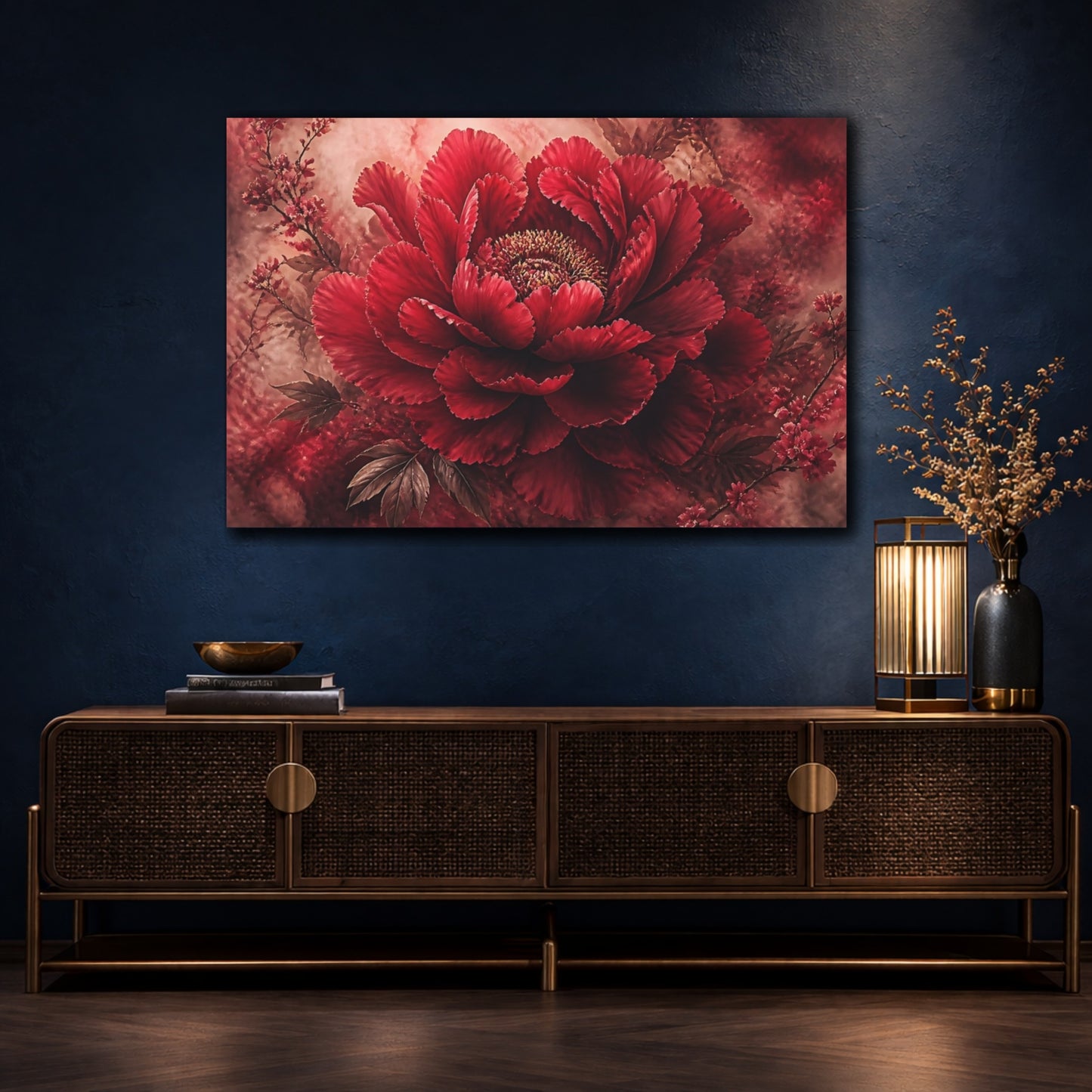 Mockup 4. Deep Crimson Bloom shown as canvas print