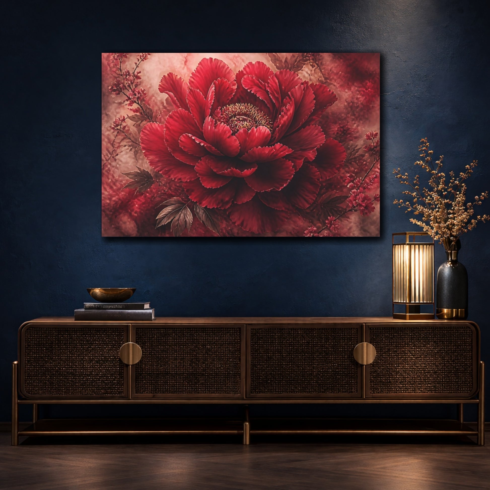 Mockup 4. Deep Crimson Bloom shown as canvas print