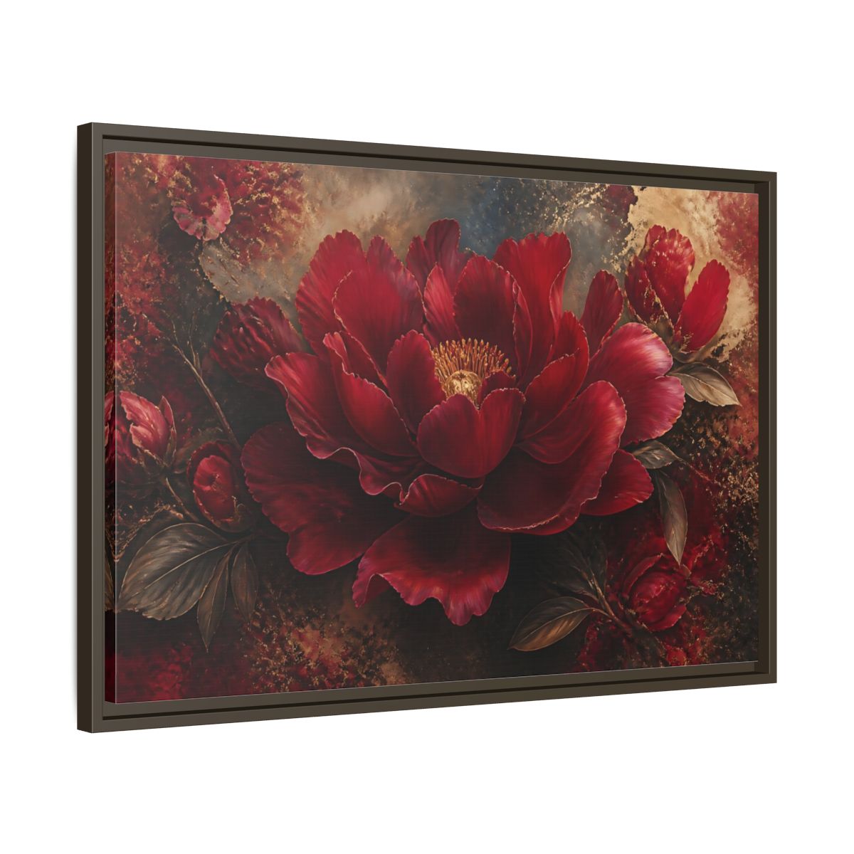 Side Mockup 11. Deep Ruby Peony Blossom shown as framed canvas print