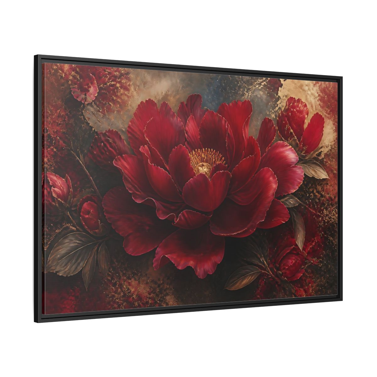 Side Mockup 12. Deep Ruby Peony Blossom shown as framed canvas print