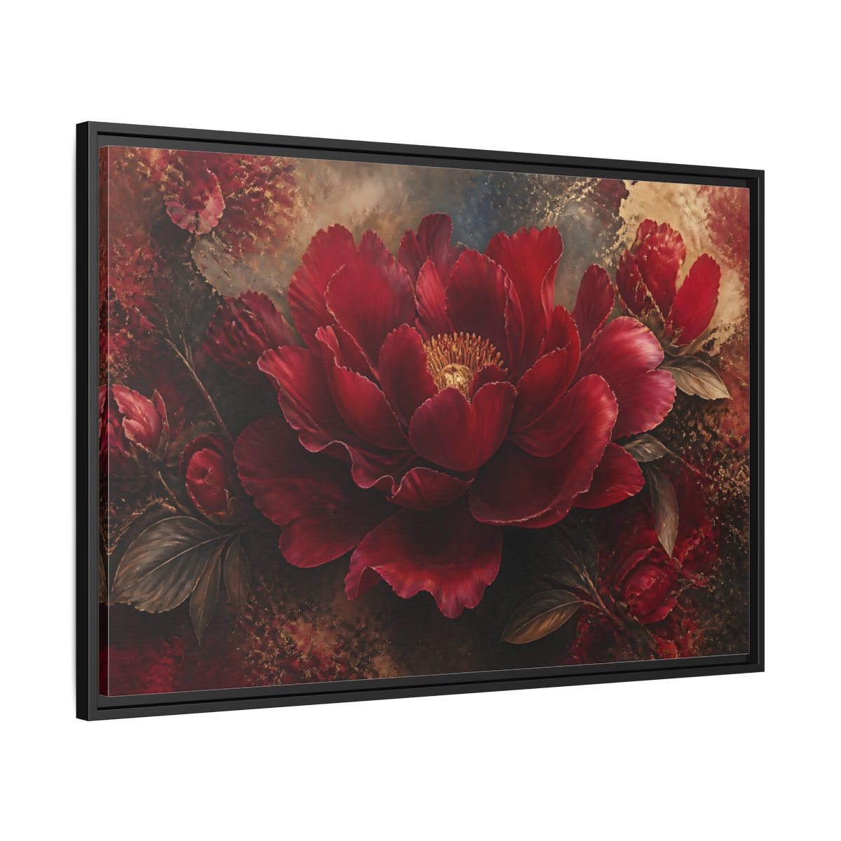 Side Mockup 13. Deep Ruby Peony Blossom shown as framed canvas print