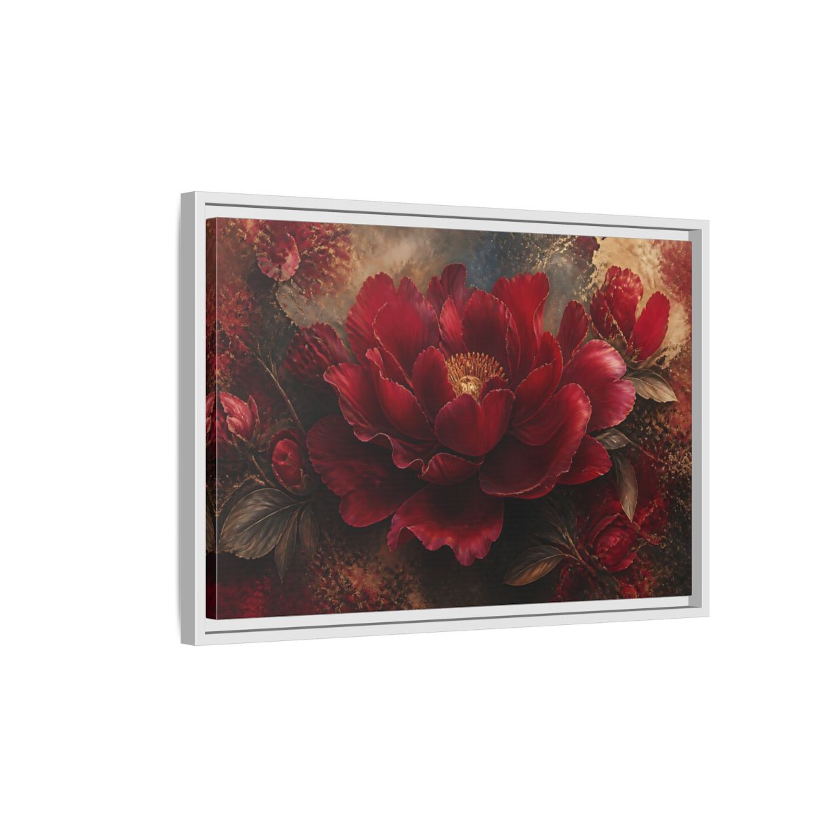 Side Mockup 1. Deep Ruby Peony Blossom shown as framed canvas print