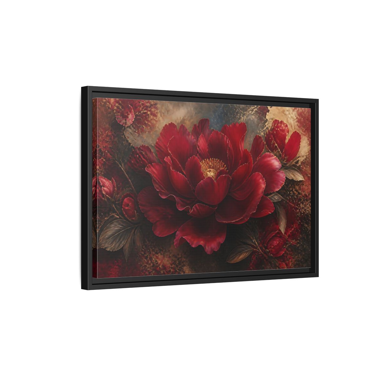 Side Mockup 3. Deep Ruby Peony Blossom shown as framed canvas print