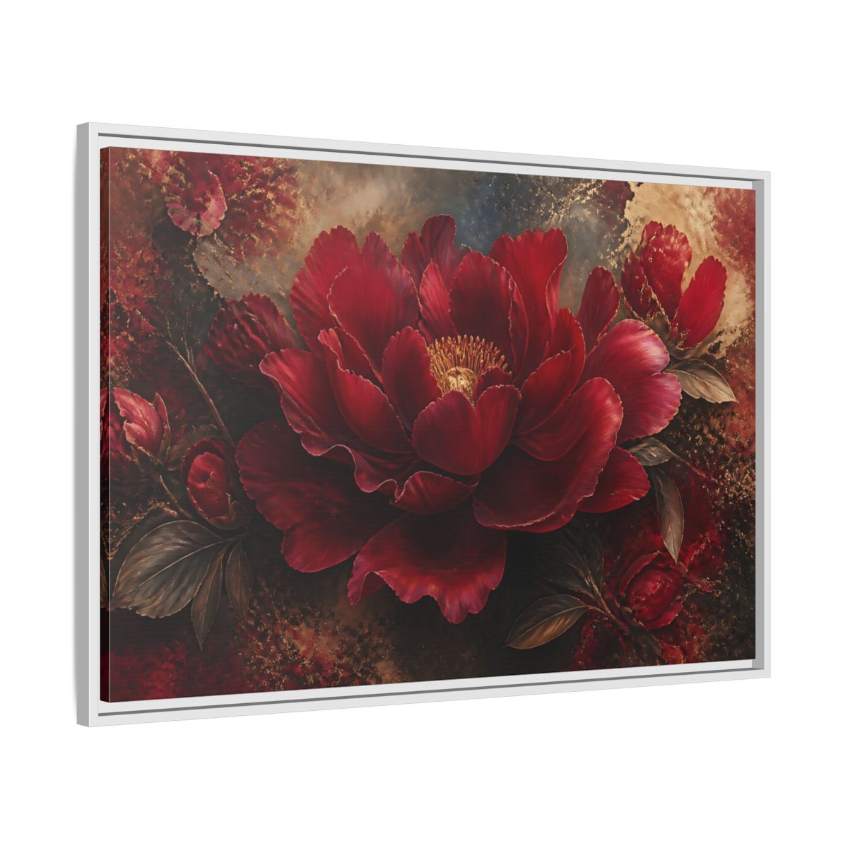 Side Mockup 9. Deep Ruby Peony Blossom shown as framed canvas print