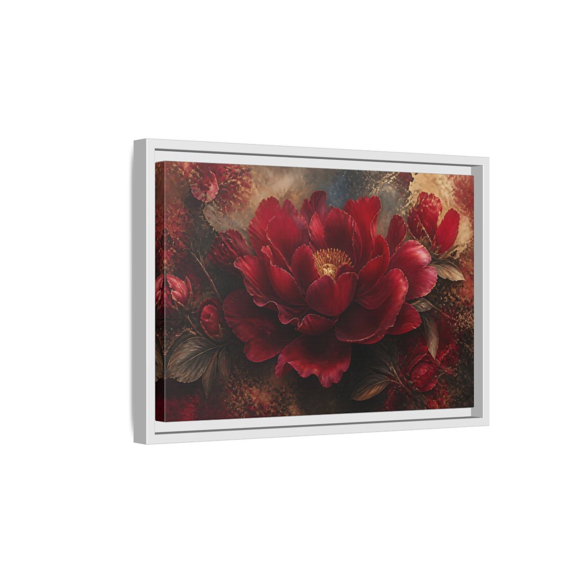 Side Mockup 4. Deep Ruby Peony Blossom shown as framed canvas print