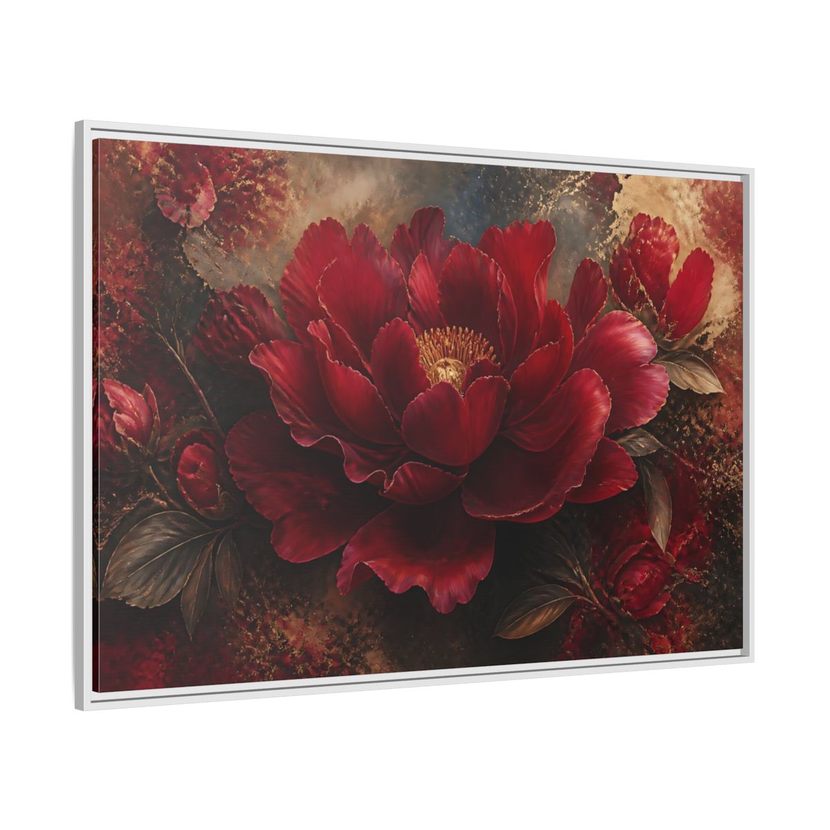 Side Mockup 7. Deep Ruby Peony Blossom shown as framed canvas print