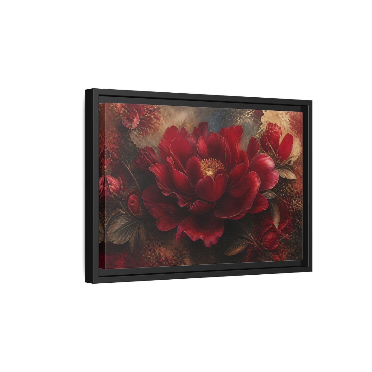 Side Mockup 6. Deep Ruby Peony Blossom shown as framed canvas print