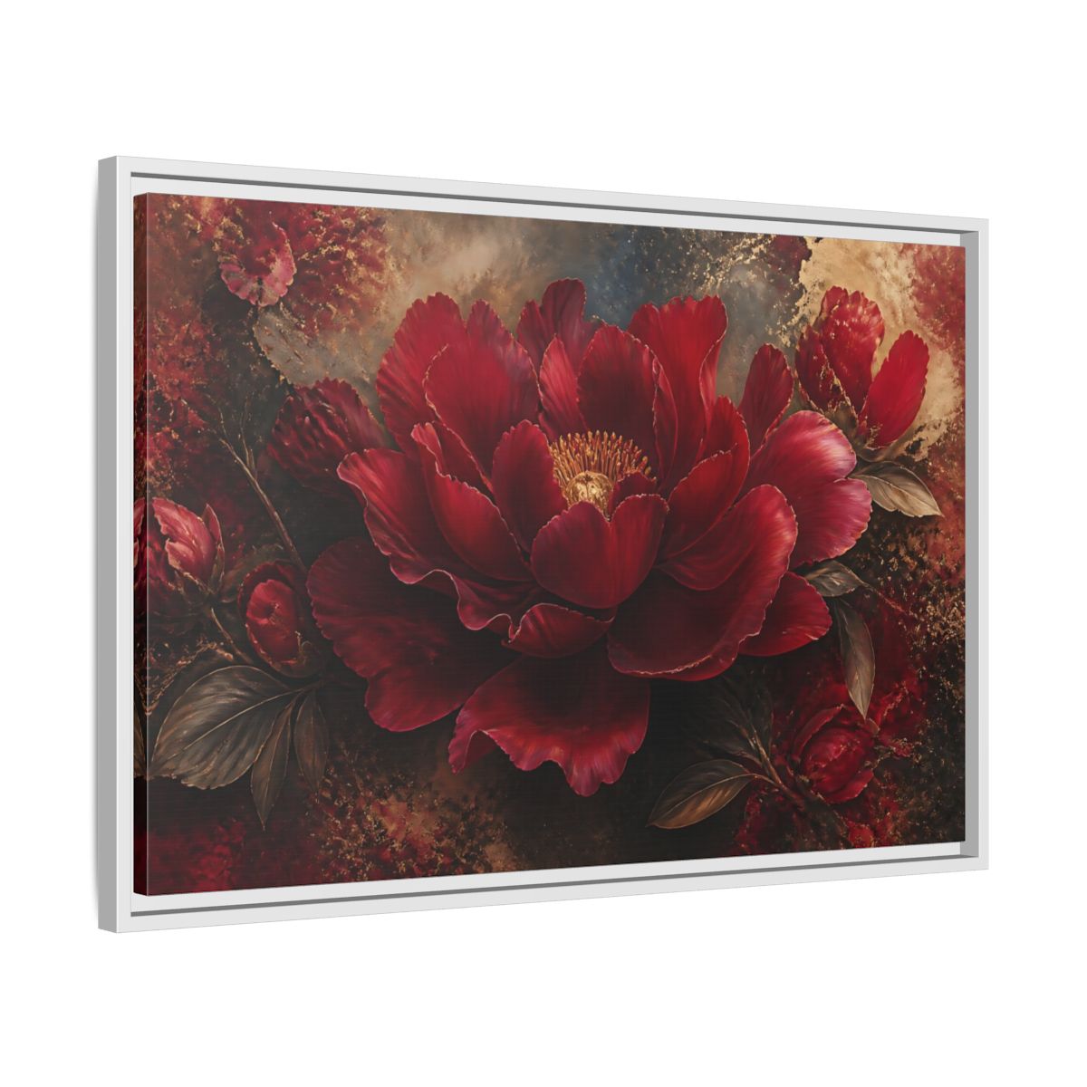 Side Mockup 10. Deep Ruby Peony Blossom shown as framed canvas print