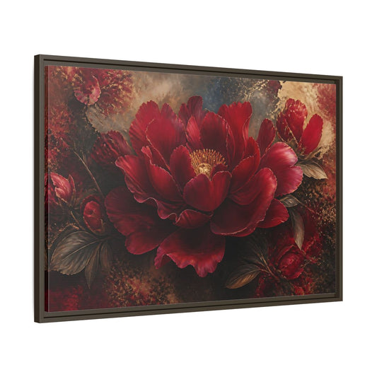 Main Mockup. Deep Ruby Peony Blossom shown as framed canvas print
