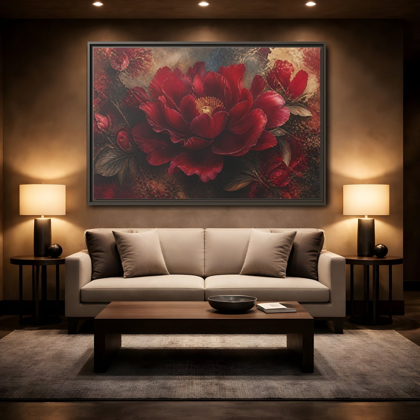 Mockup 2. Deep Ruby Peony Blossom shown as framed canvas print