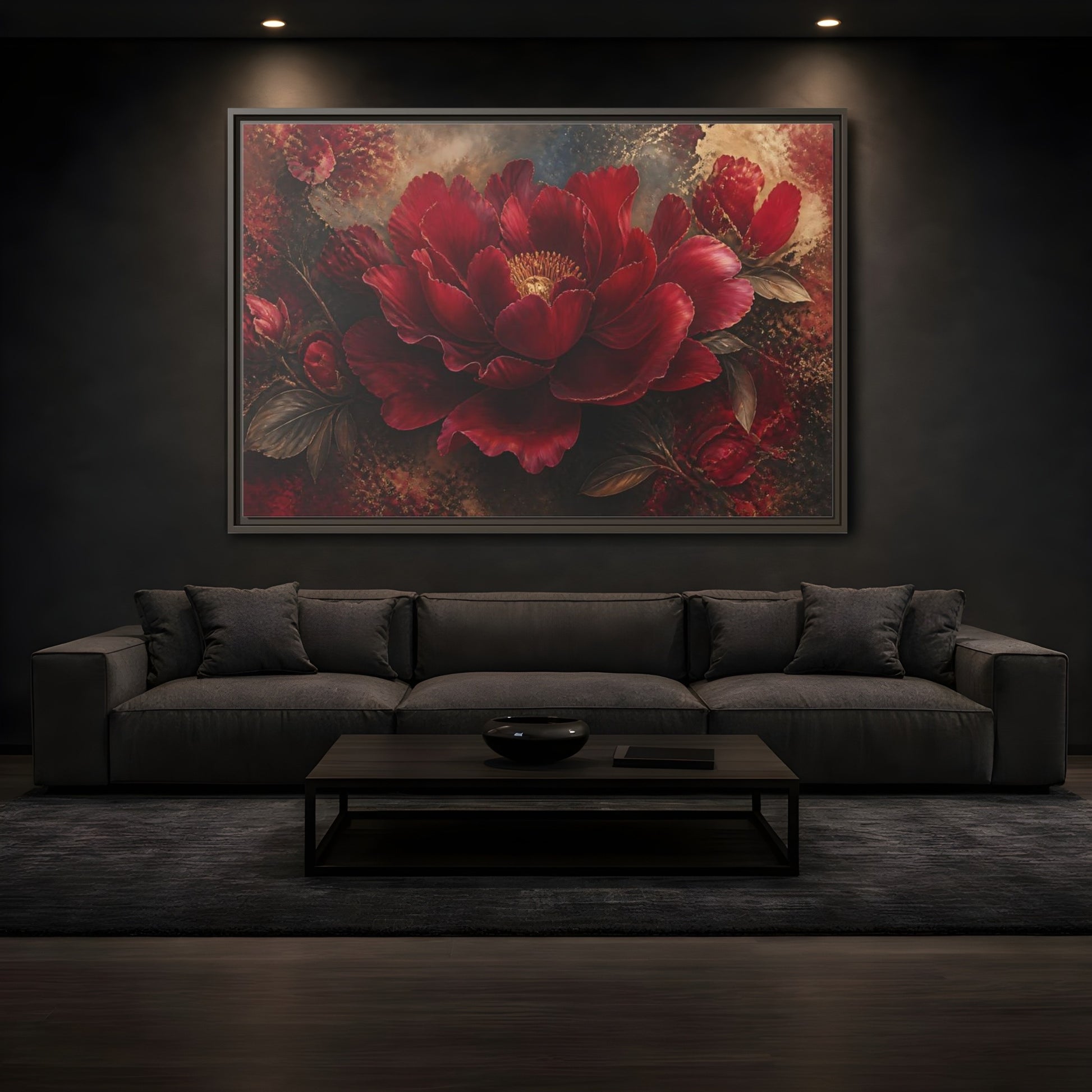 Mockup 3. Deep Ruby Peony Blossom shown as framed canvas print