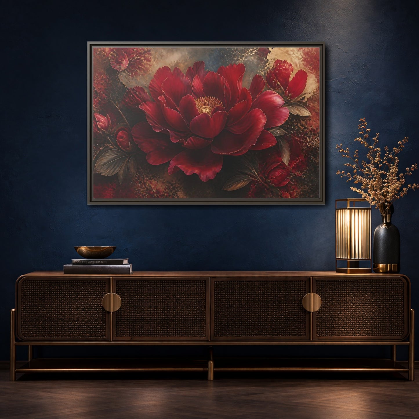 Mockup 4. Deep Ruby Peony Blossom shown as framed canvas print