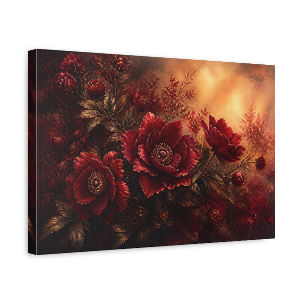 Side Mockup 4. Deep Ruby Peony Bouquet shown as canvas print