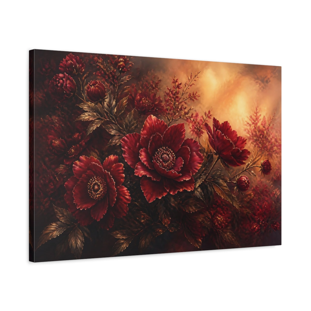 Side Mockup 2. Deep Ruby Peony Bouquet shown as canvas print